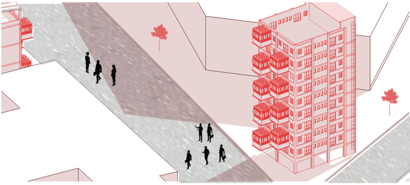 Axonometric drawing of a red outlined tower with projecting balconies beside pedestrians on a sloped path