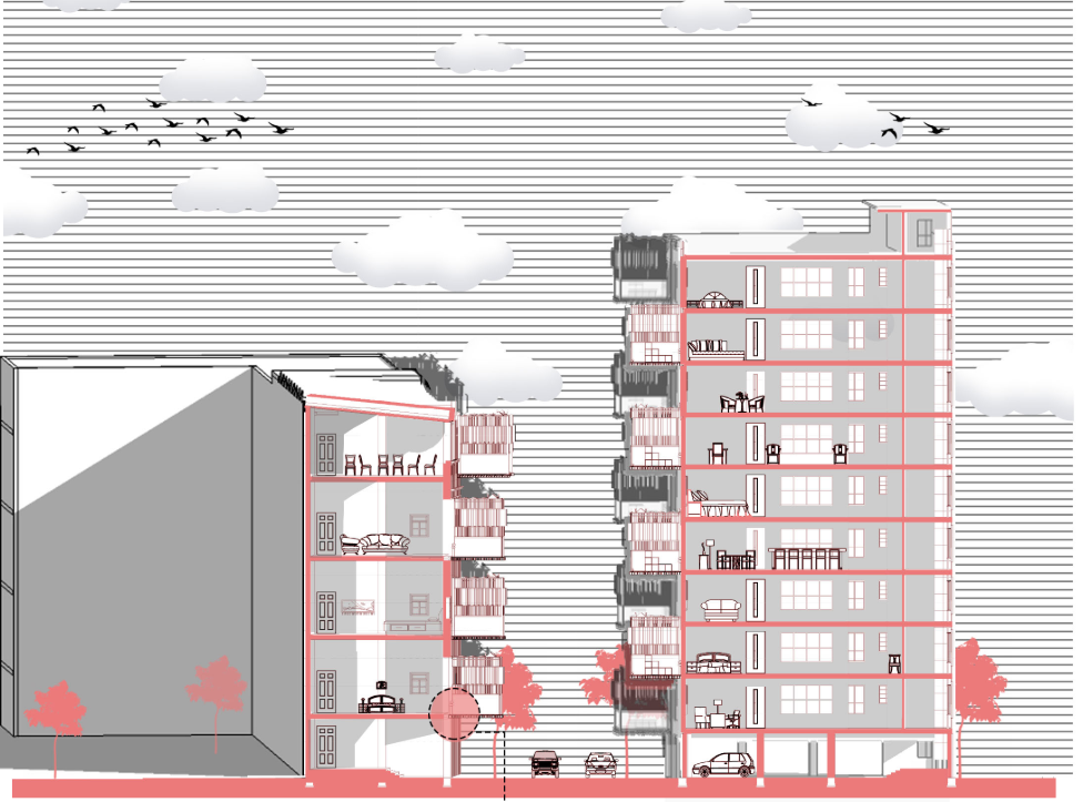 Section drawing revealing residential floors with furniture and a street level with cars and trees