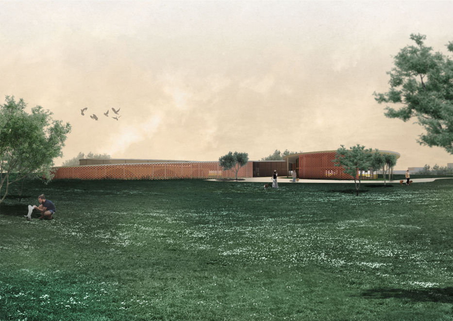 Landscape-integrated animal shelter shaped by open green spaces and low horizontal forms.