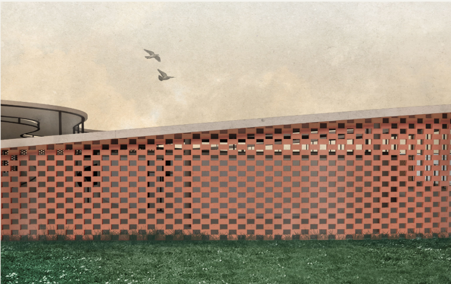 Perforated brick facade filters light and creates a breathable architectural enclosure
