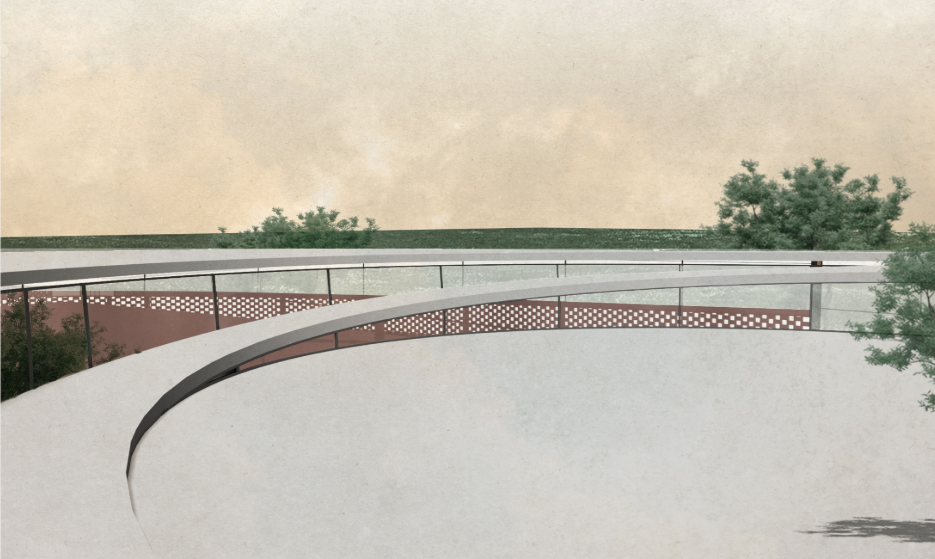 Curved rooftop circulation connects architecture, landscape, and elevated outdoor space.