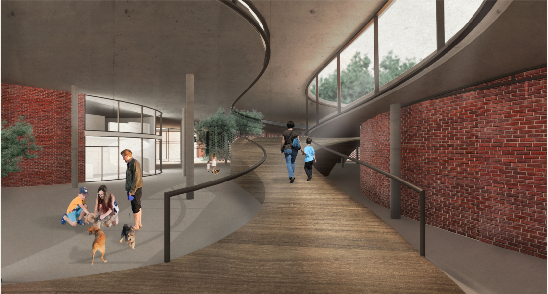 Interior ramp creates continuous movement between levels, programs, and social spaces.