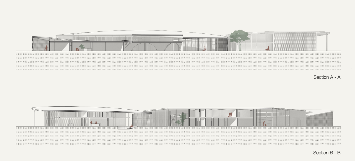 Building sections reveal layered spaces, curved roofs, and strong indoor-outdoor connections.