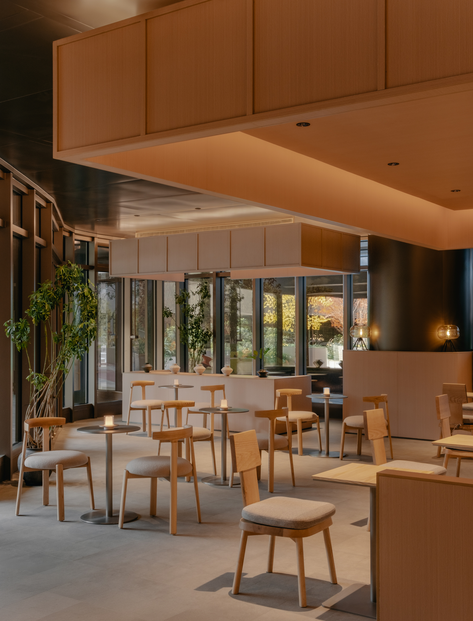 Seating area with timber chairs under suspended ceiling panels and glazed walls overlooking evening landscape