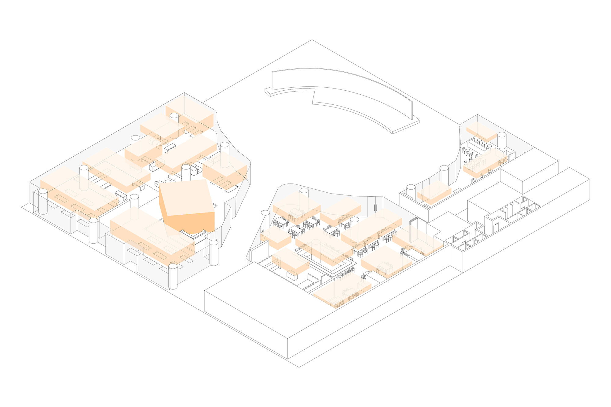Axonometric drawing highlighting interior circulation zones in peach across three connected volumes