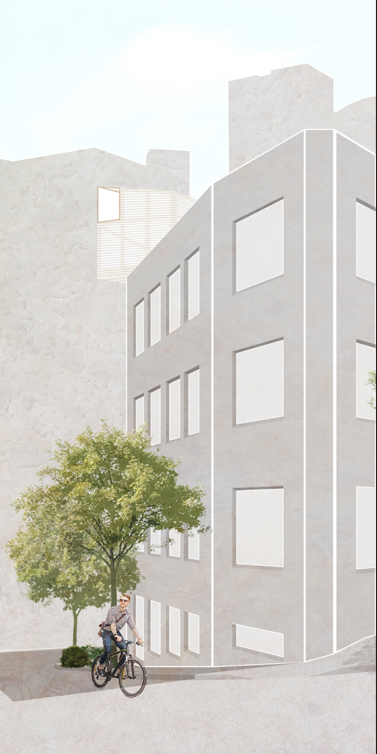 Street perspective showcasing the parasitic rooftop gallery integrated into the existing Sydney warehouse.