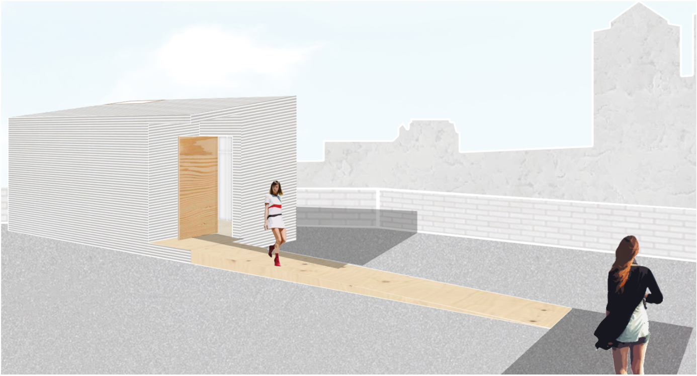 Rooftop entrance leading visitors to the contemporary pop-up art gallery above the host building.