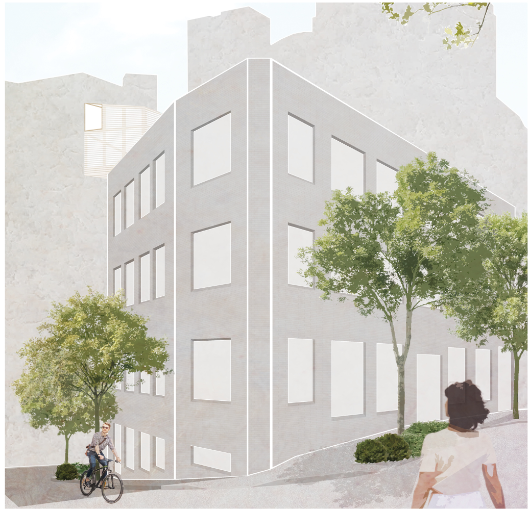 Corner street view highlighting the contrast between the existing warehouse and the lightweight architectural addition.