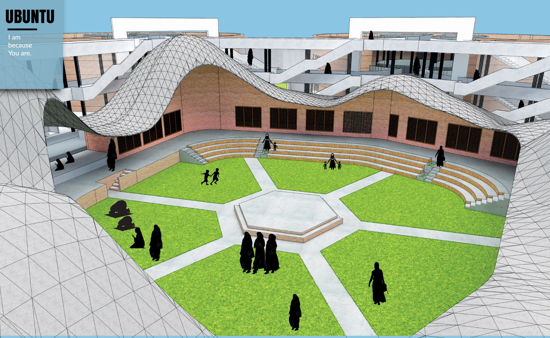The central green courtyard forms the social heart of the RESILE-UBUNTU community.