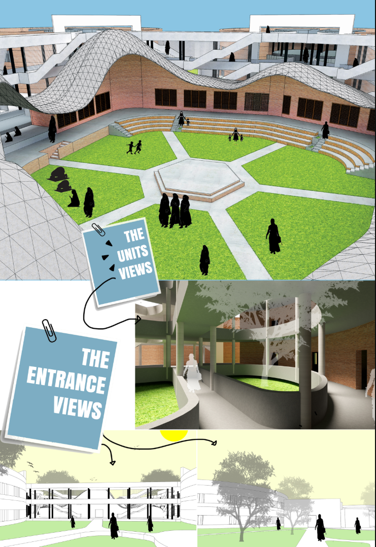 Residential courtyards and shaded circulation create secure spaces for everyday community life.
