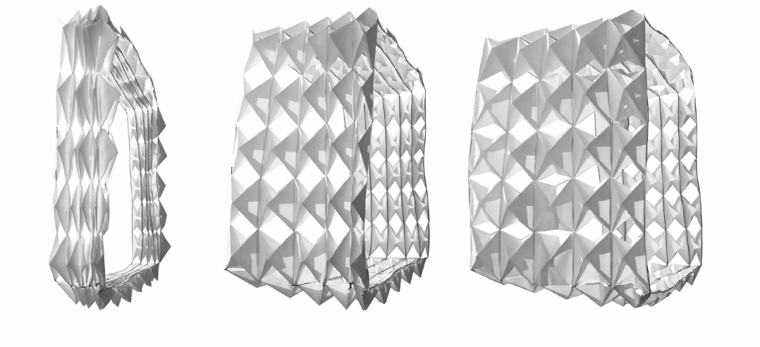 Origami-inspired folding studies demonstrate how lightweight modular surfaces can expand, contract, and transform spatially.