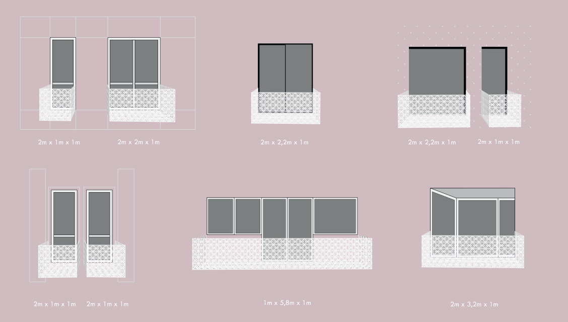 Multiple facade configurations show Balco adapting to different window sizes, proportions, and balcony dimensions.