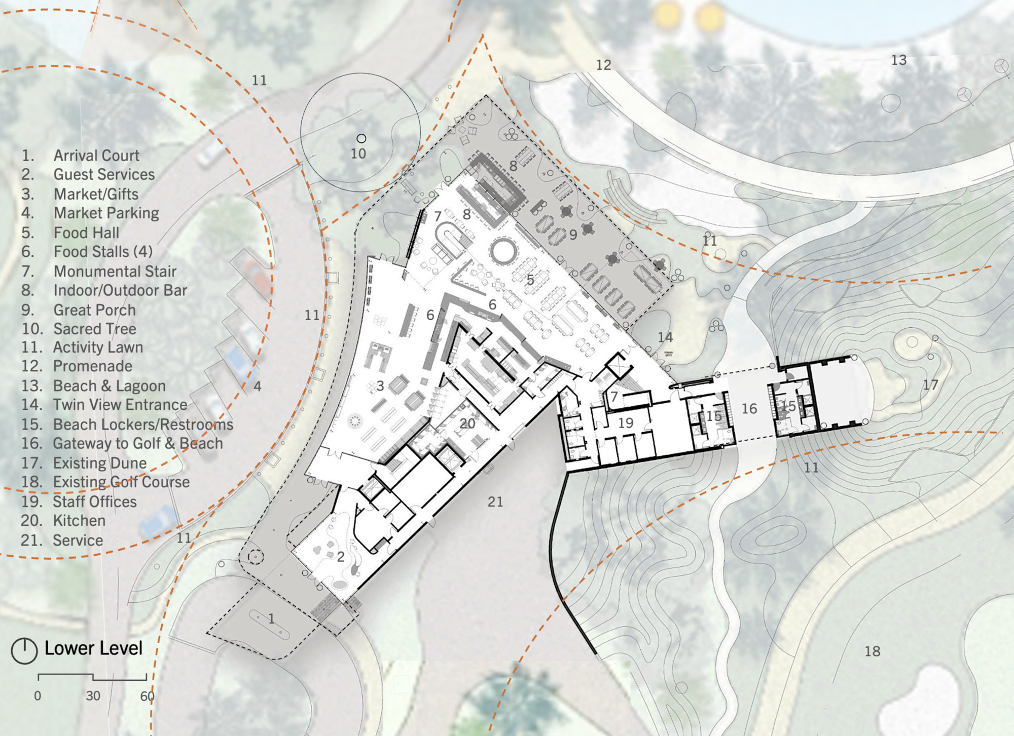 Lower level floor plan drawing overlaid on topographic site contours with numbered program zones