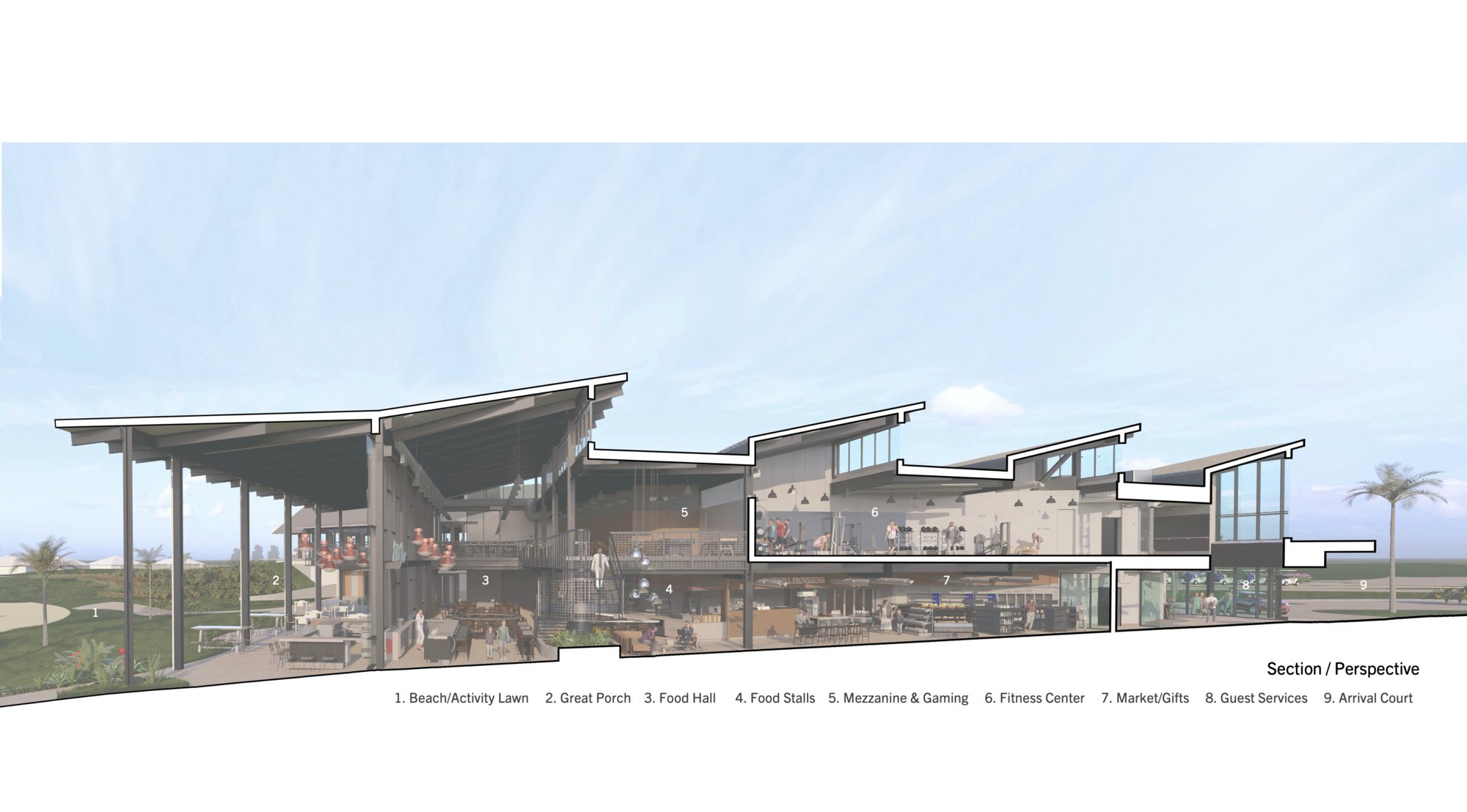 Section drawing showing the sloped roof forms and glazed walls with interior program visible