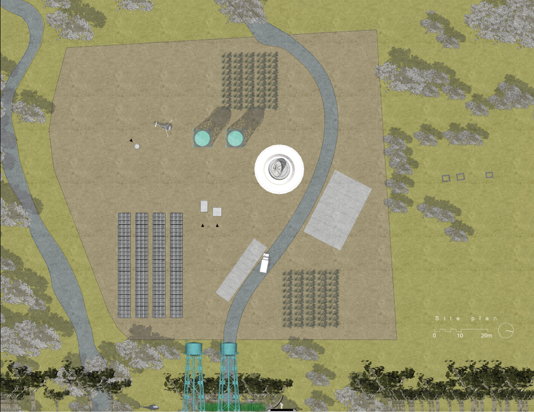 Site plan showing solar arrays, agricultural zones, access routes, and the bunker’s surface infrastructure.