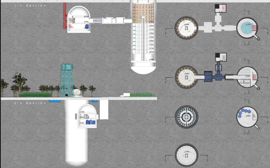 Sections and floor plans reveal the underground organization of living, service, storage, and communal spaces.