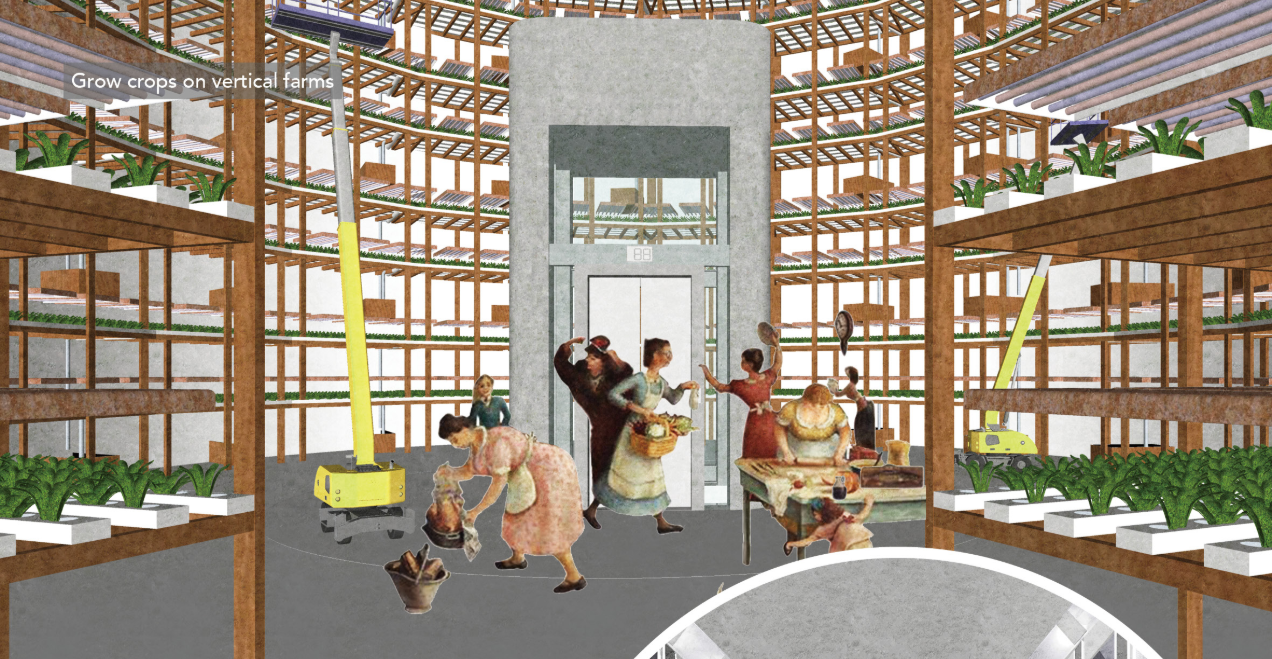 Vertical farming space designed for crop production, shared labor, and everyday community participation.