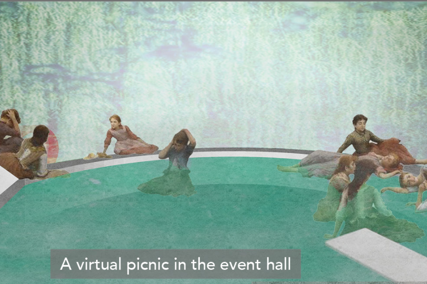 Virtual event hall creates a recreational space that brings simulated outdoor experiences into the underground environment.