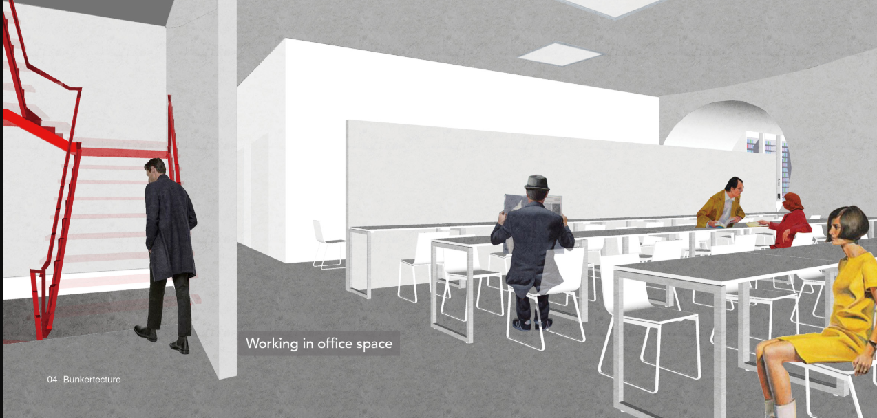 Shared co-working space supports everyday work, collaboration, and social interaction within the bunker community.