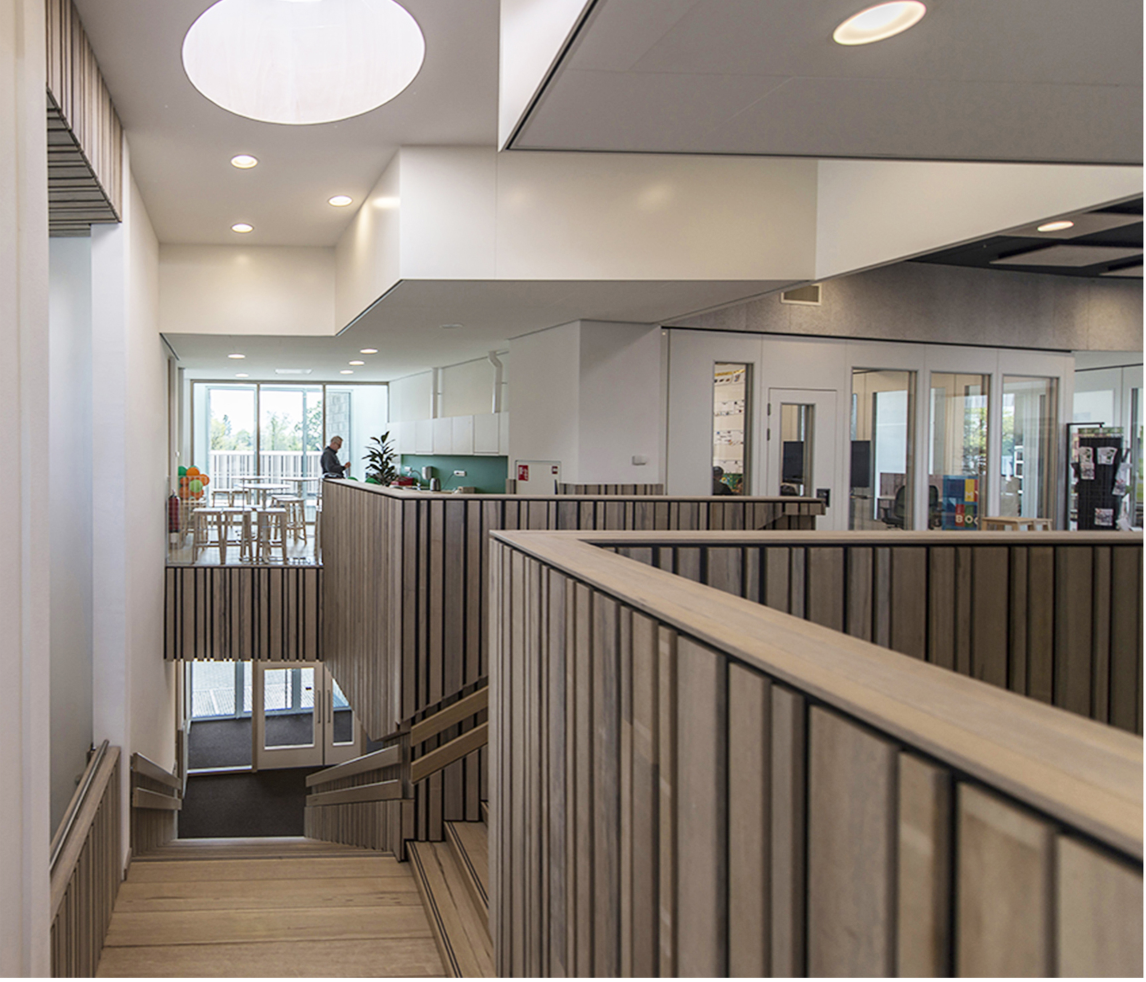 Warm interior circulation supports movement, gathering, and visual connection across levels.
