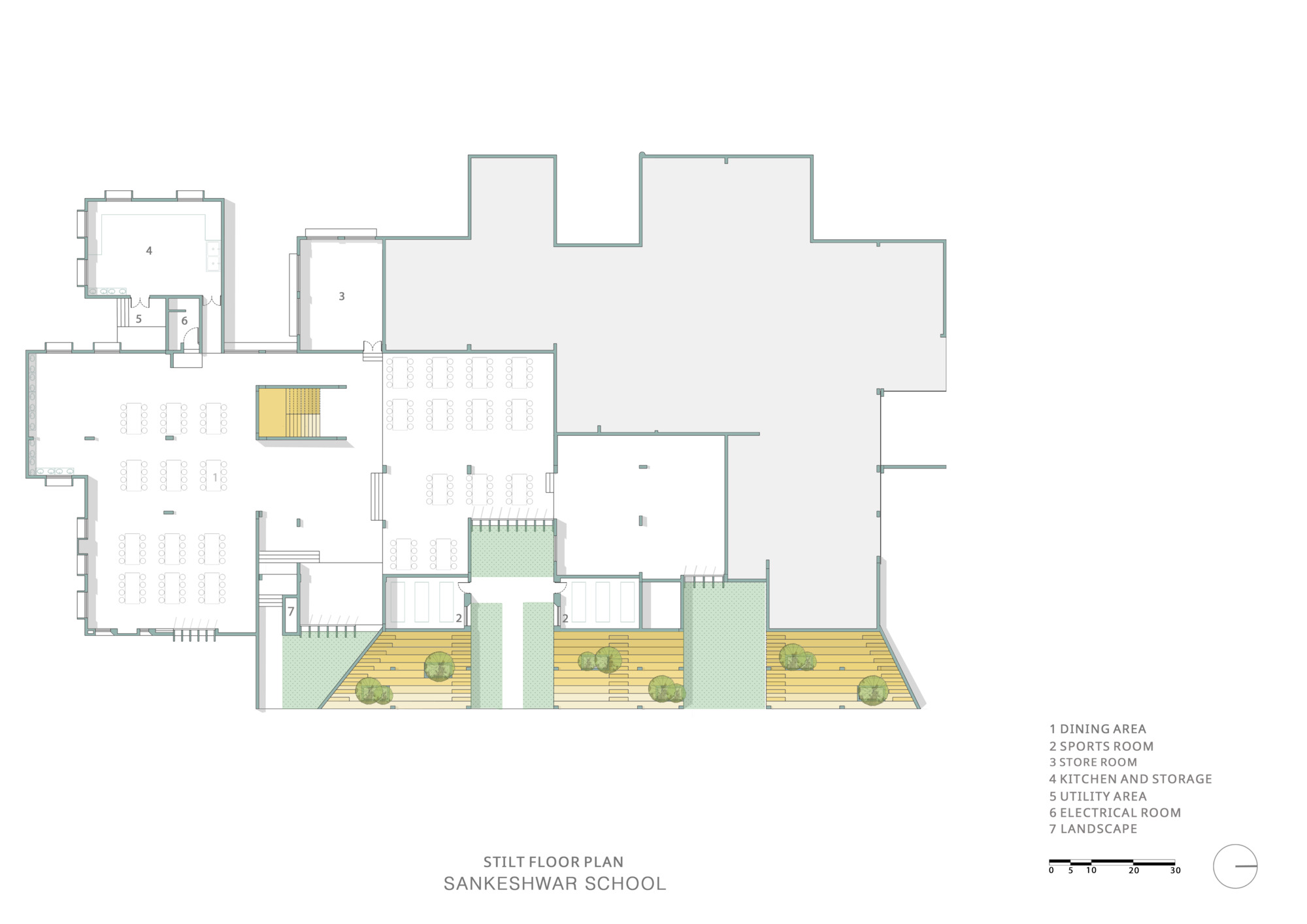 Stilt floor plan drawing showing classroom layout with courtyard zones highlighted in yellow and green