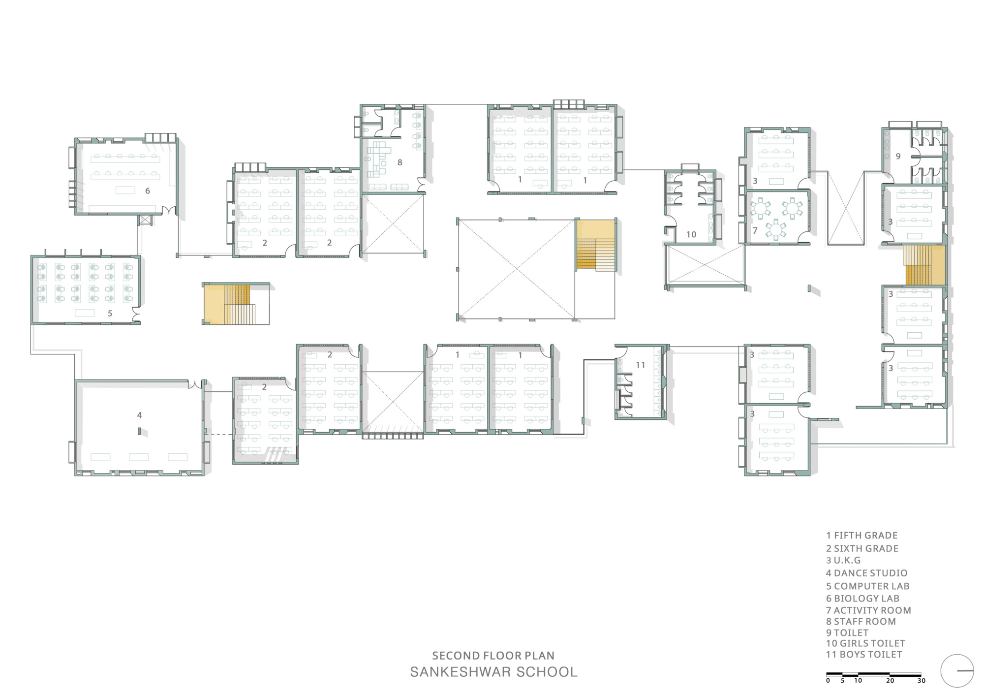 Second floor plan drawing illustrating classroom blocks arranged around a central void with staircases in yellow