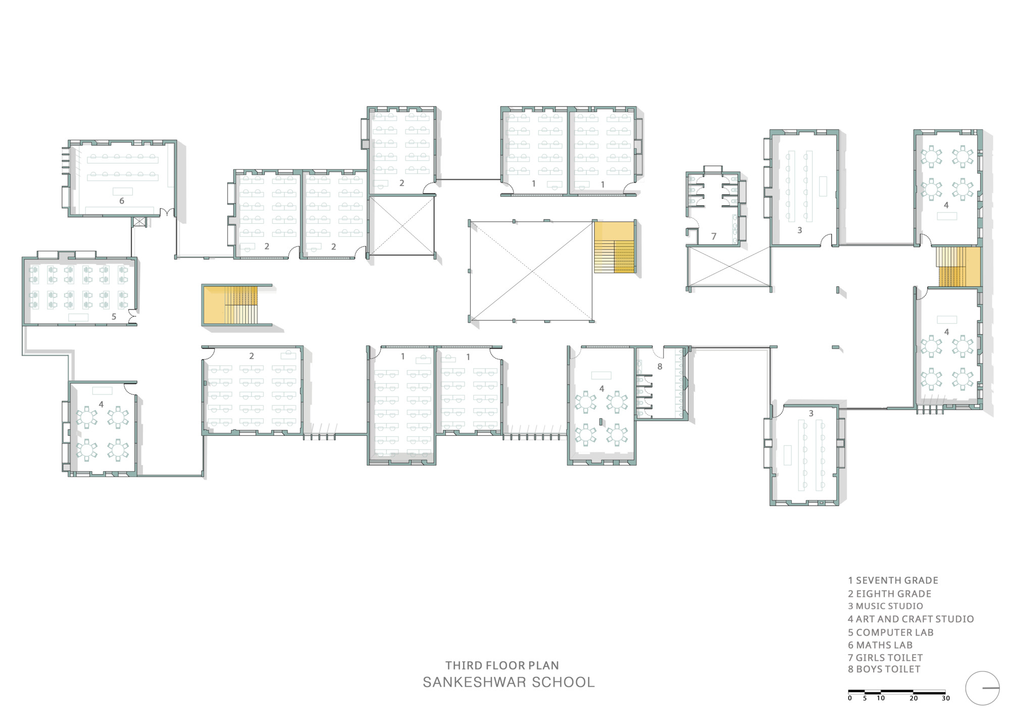 Third floor plan drawing showing upper-level classroom layout with circulation cores marked in yellow