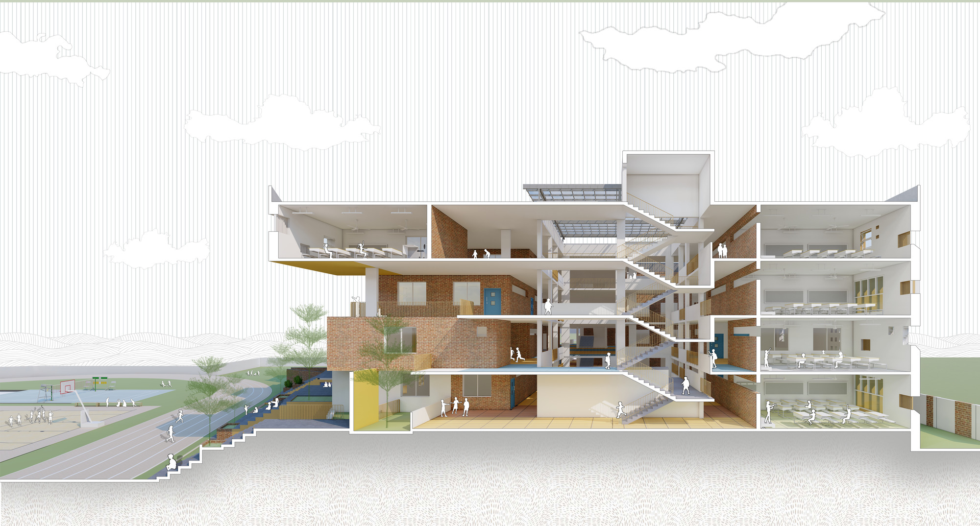 Section drawing revealing multilevel interior spaces with open courtyards and scattered figures throughout
