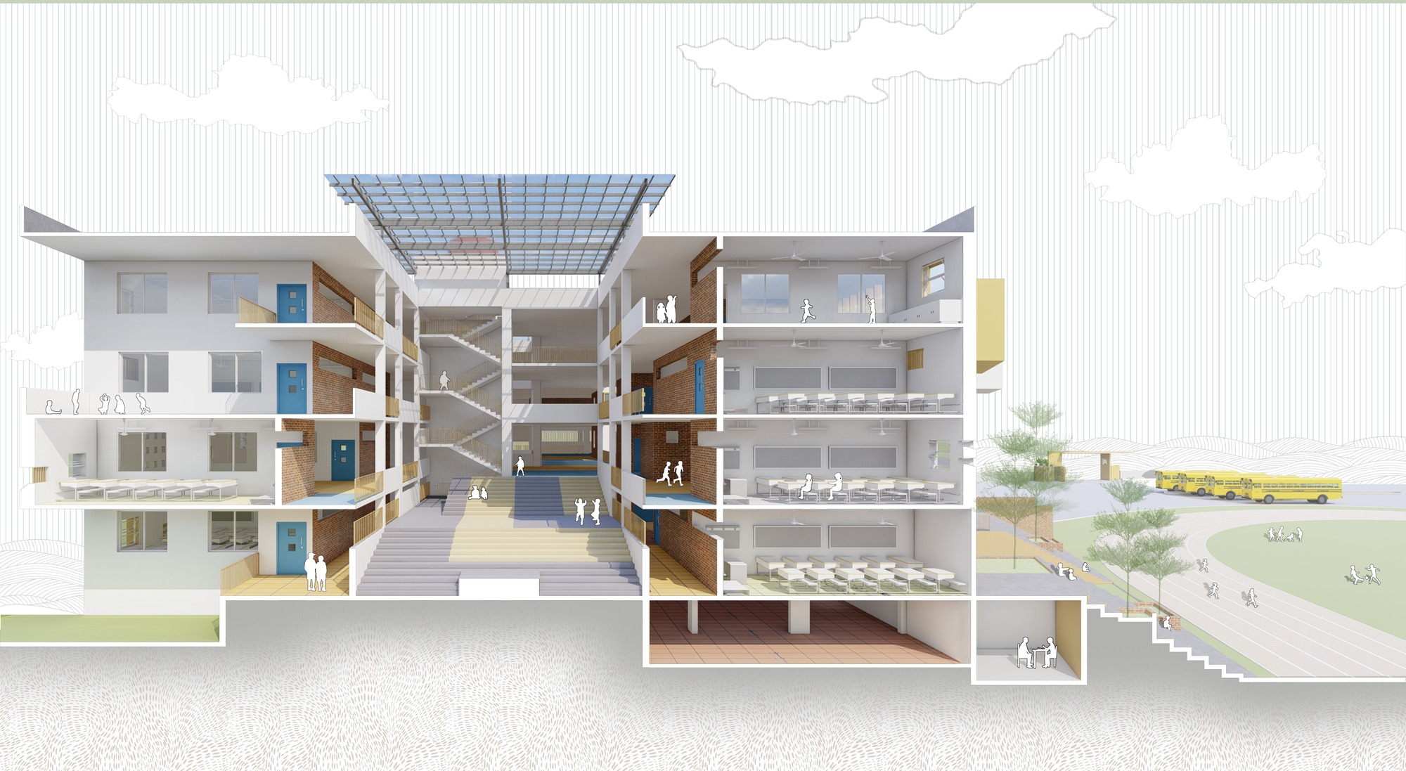 Section drawing showing central atrium with glazed roof canopy and interconnected circulation between residential wings