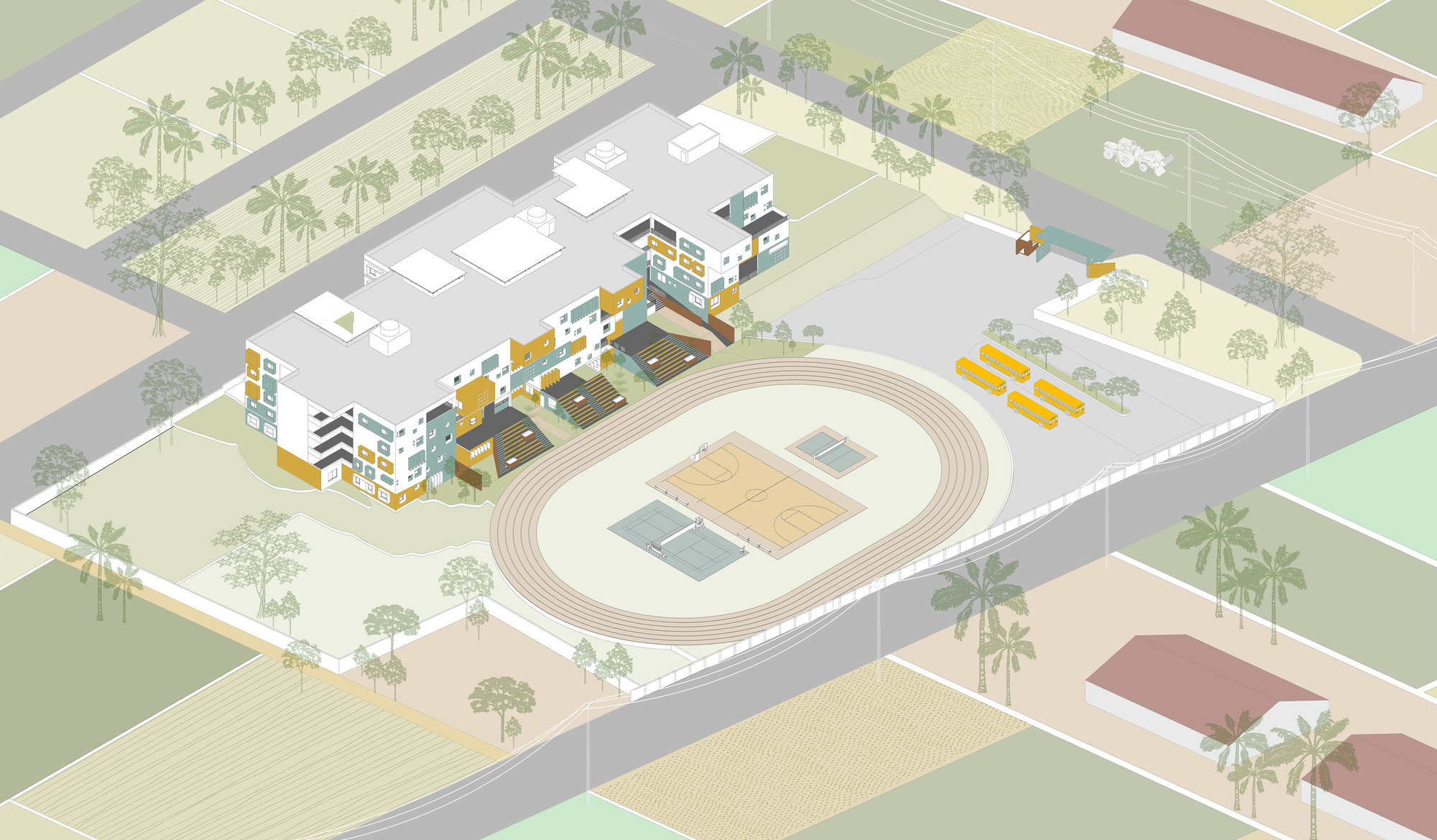 Axonometric site drawing depicting housing blocks around a central sports field with palm trees lining the streets