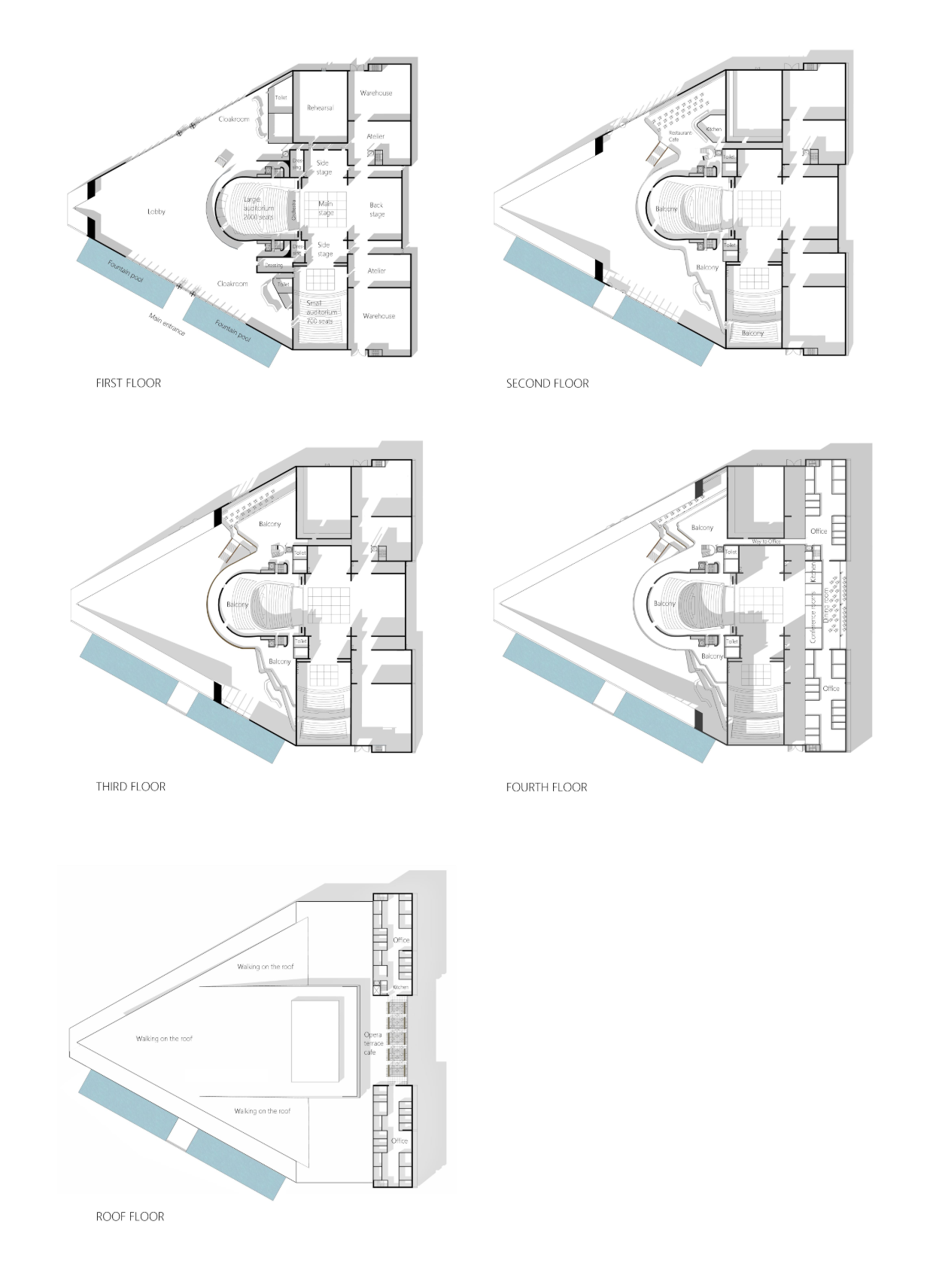 Floor plan drawings showing five levels with triangular geometry and a curved core element