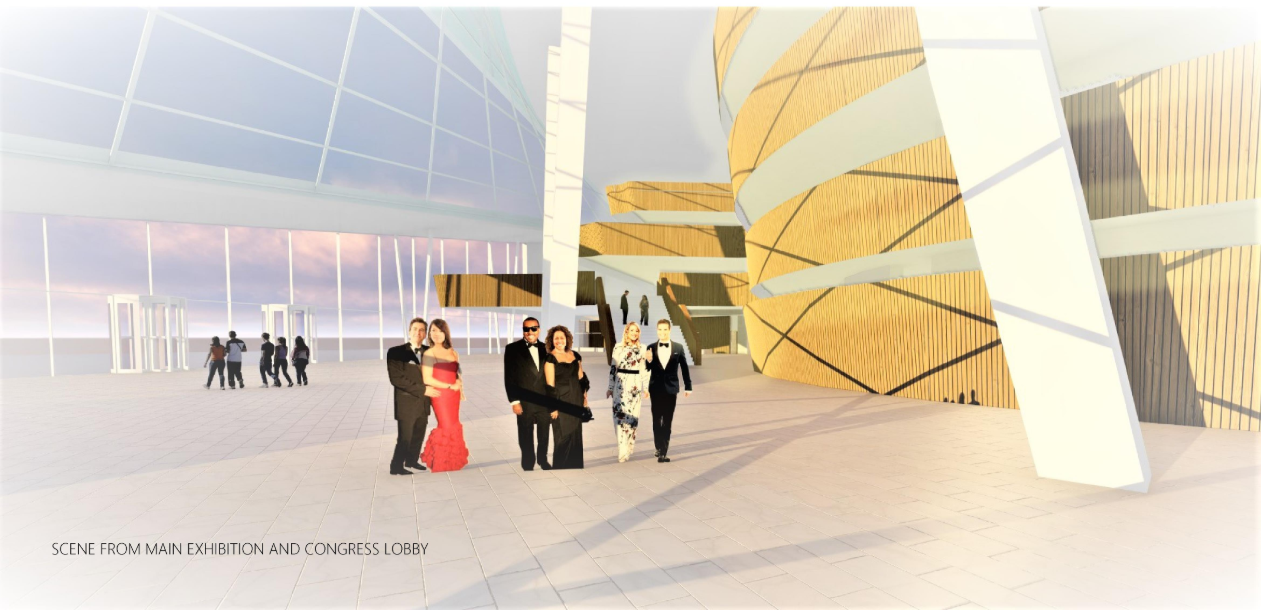 Rendering of the lobby interior with angled timber-clad wall panels and formal-dressed guests