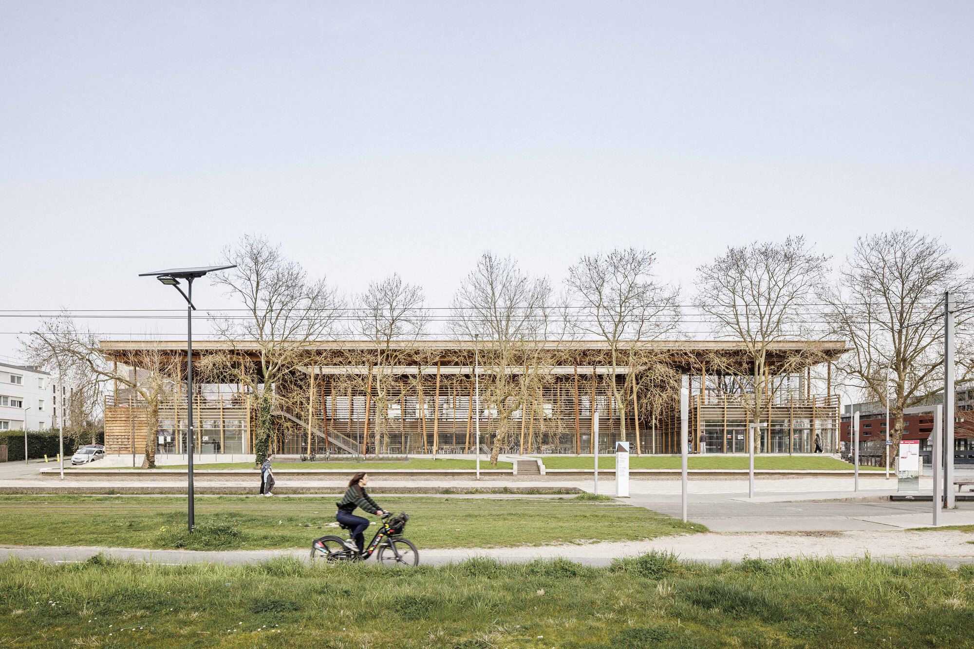 Two-story timber and glass pavilion viewed across a public lawn with a cyclist passing by