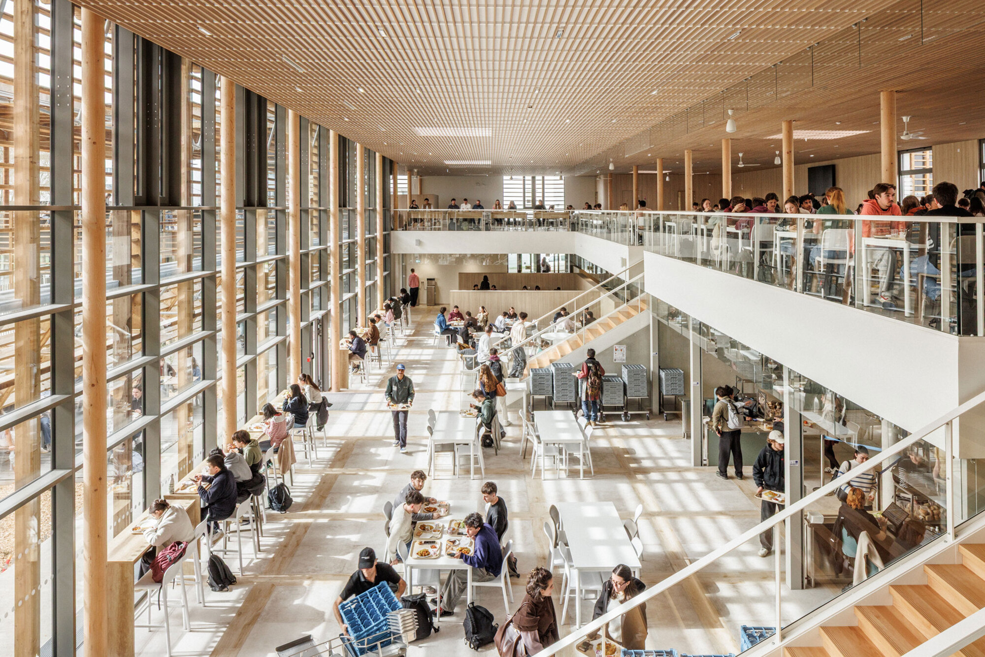 Interior atrium with slatted timber ceiling and open floors populated with people seated at tables