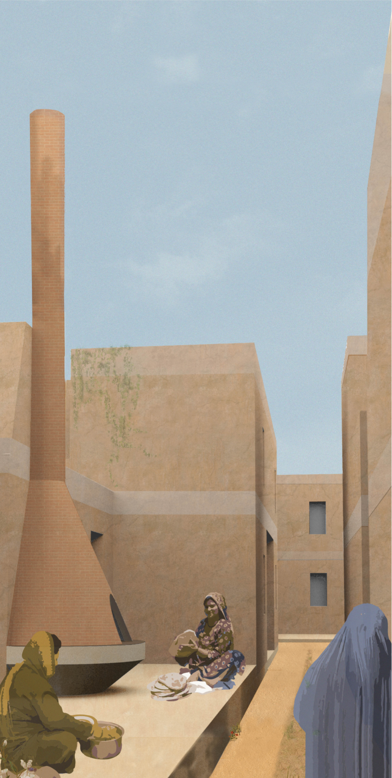 A shaded courtyard creates an intimate setting for everyday domestic life and community interaction.