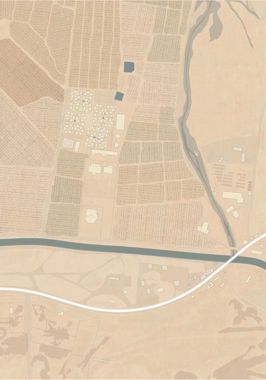 The site plan positions Zanabad within its agricultural landscape, connecting housing clusters with productive land and water systems.