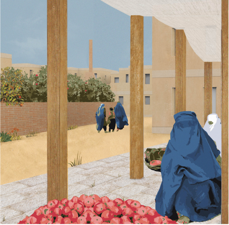 A sheltered marketplace supports local trade, food exchange, and social interaction within the women-led community.