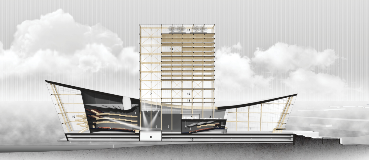 Sectional view revealing the opera house’s layered performance spaces, public programs, and vertical tower