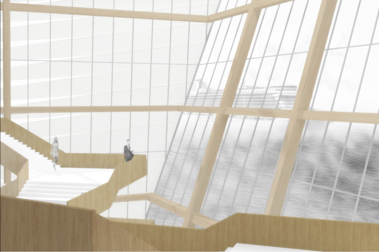 A light-filled circulation space frames expansive views of Tallinn Bay through the timber and glass structure
