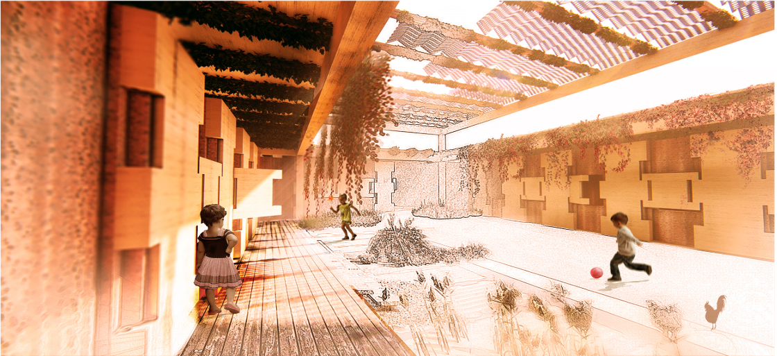 A shaded communal courtyard creates a safe, livable space for children, families, and daily recovery.