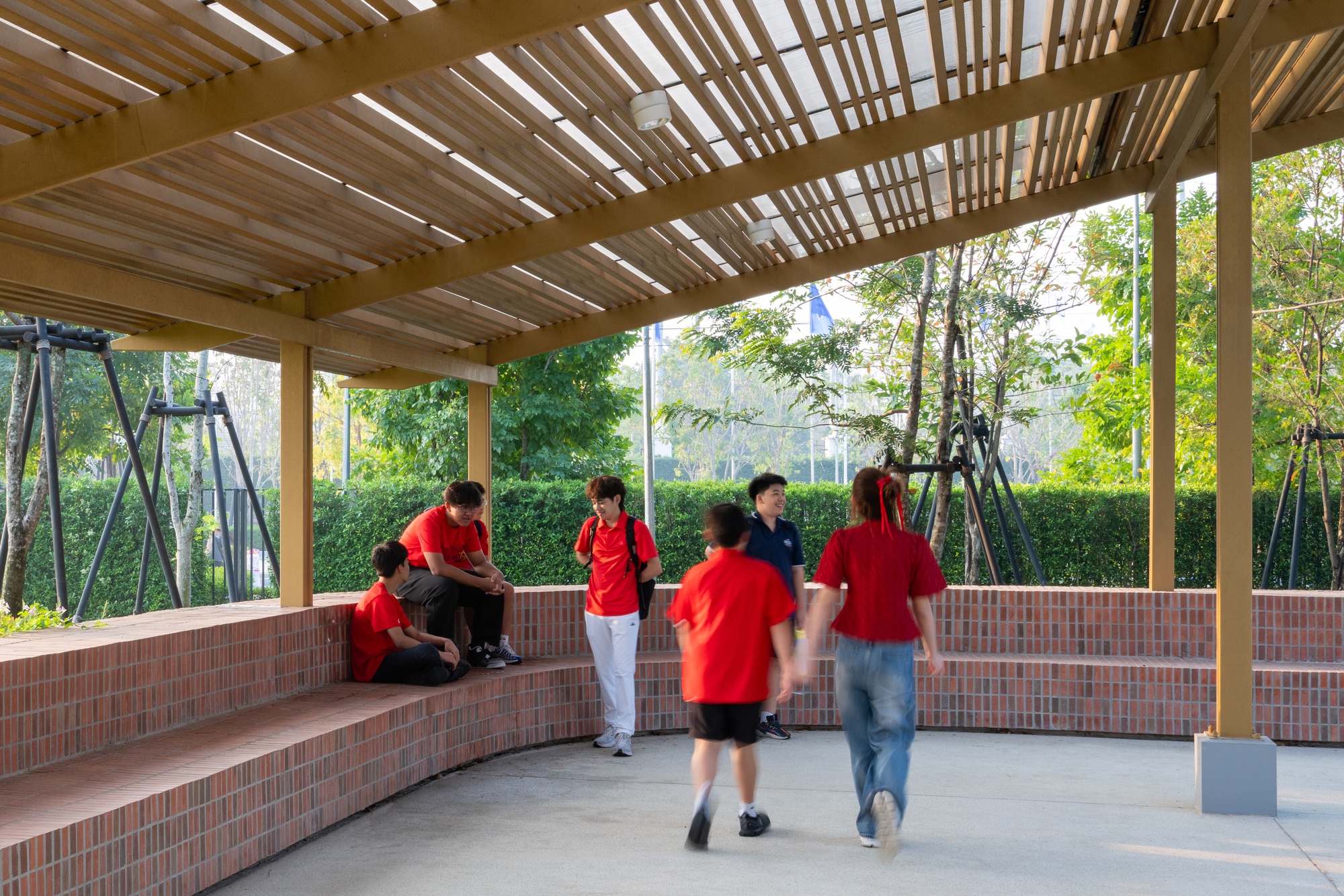 Timber pergola with open slat roof sheltering tiered brick seating where students gather