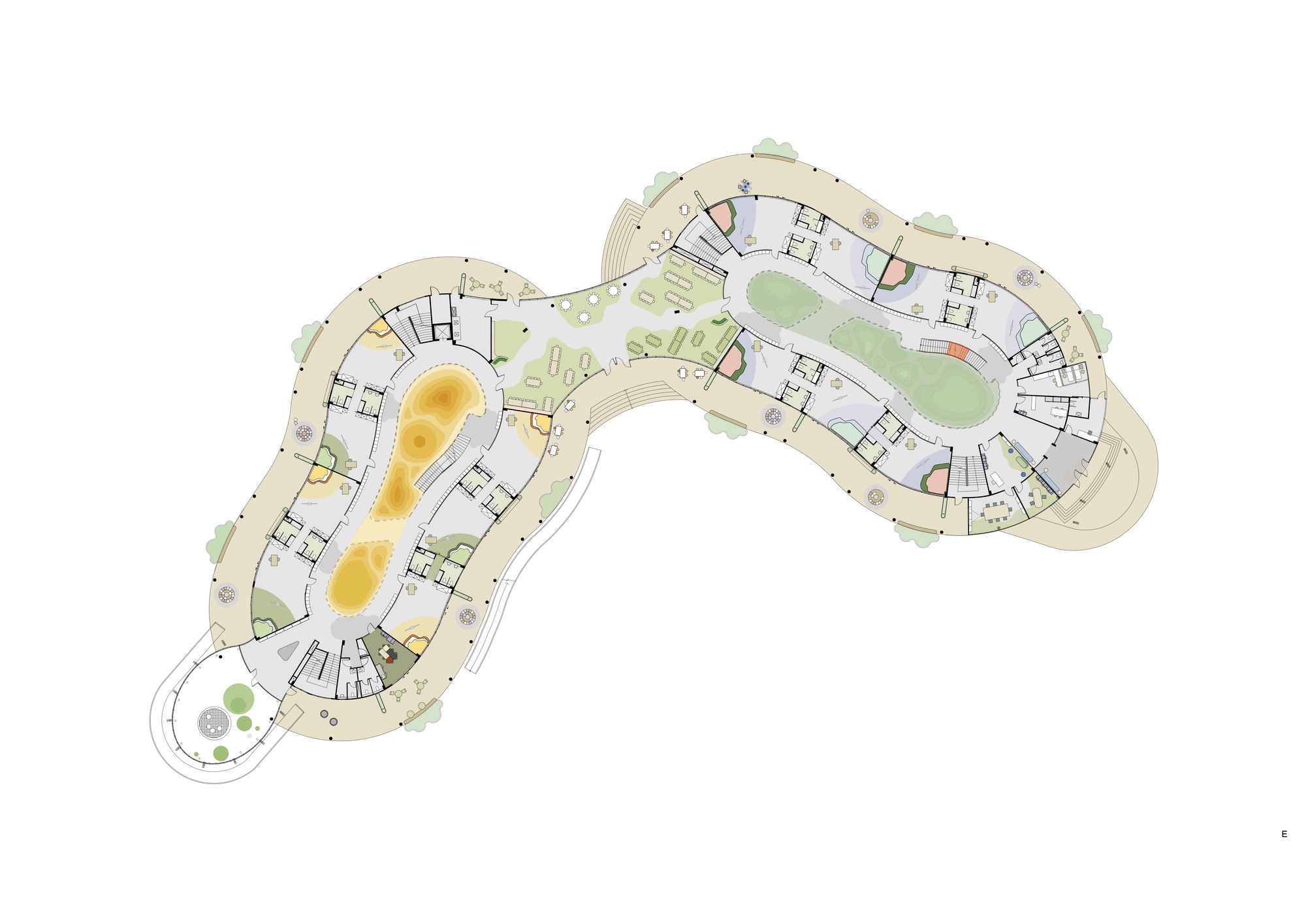 Floor plan drawing showing three organic wings wrapped around landscaped courtyards with trees
