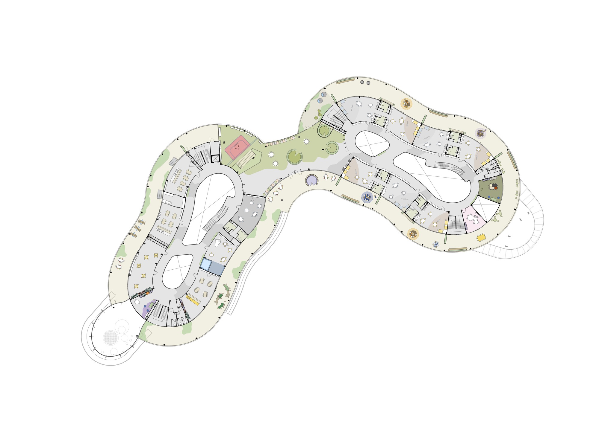 Floor plan drawing showing curved classroom wings enclosing central courtyards with colored program zones
