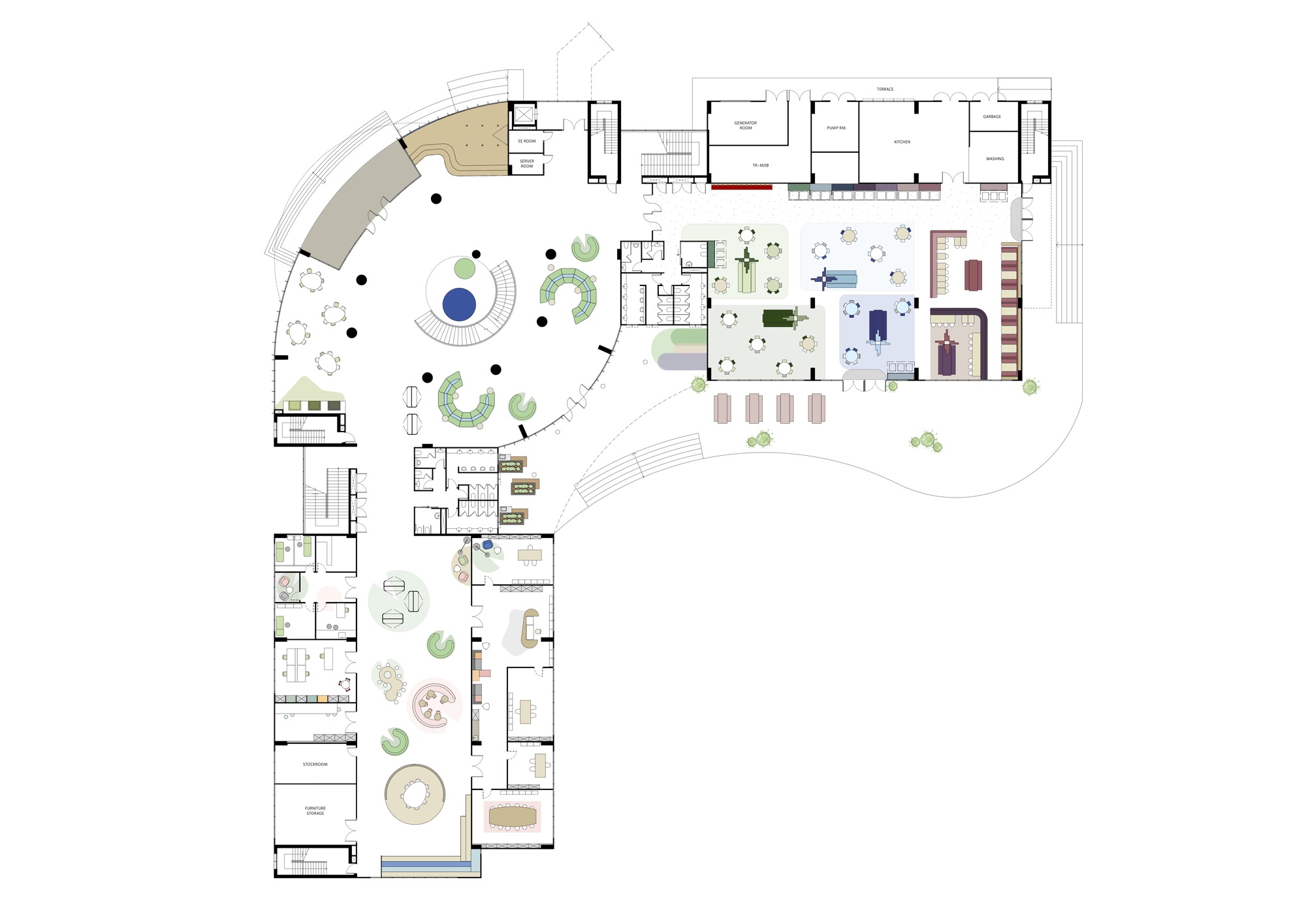 Floor plan drawing showing a curved wing and rectangular wing meeting at a central gathering space