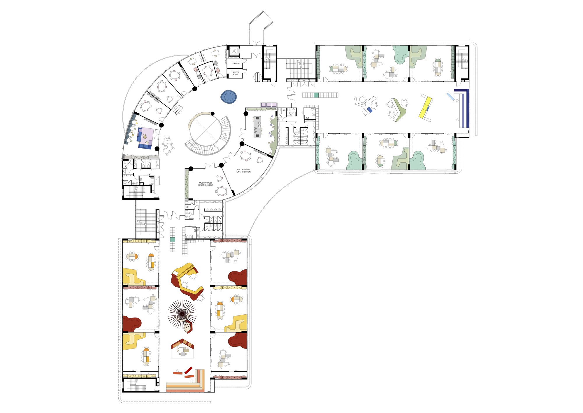 Floor plan drawing showing curved and linear wings with furniture layouts in classrooms and common areas