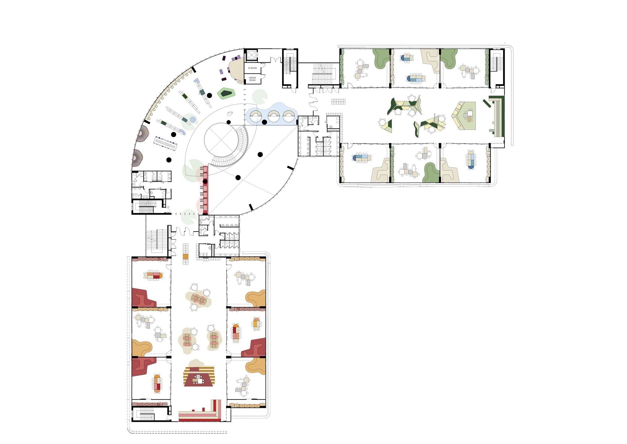 Floor plan drawing showing a curved wing with central gathering space and rectangular wing with office and meeting rooms