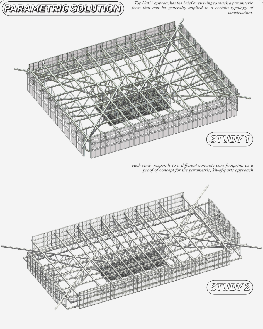 Axonometric diagrams showing two parametric roof truss systems with diagonal bracing and perimeter support frames