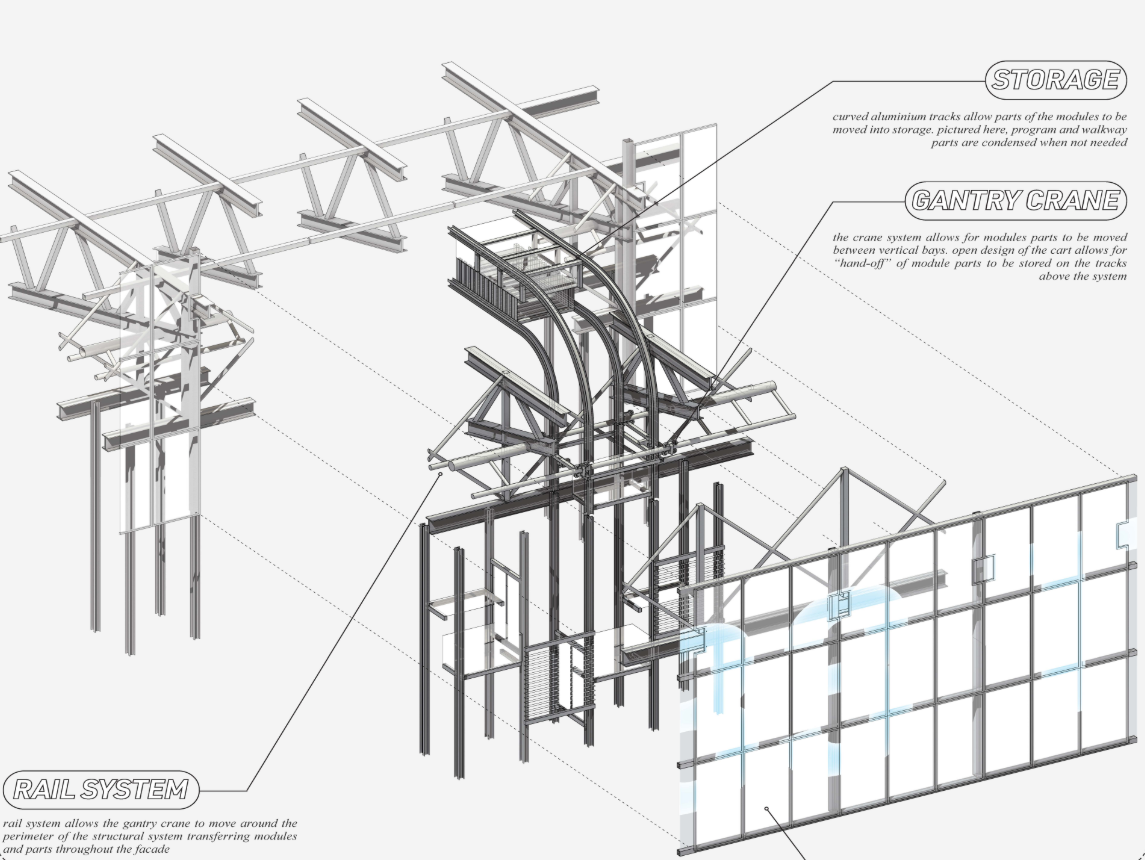 Exploded axonometric drawing showing storage crane rail system and modular panel assembly with labeled structural components