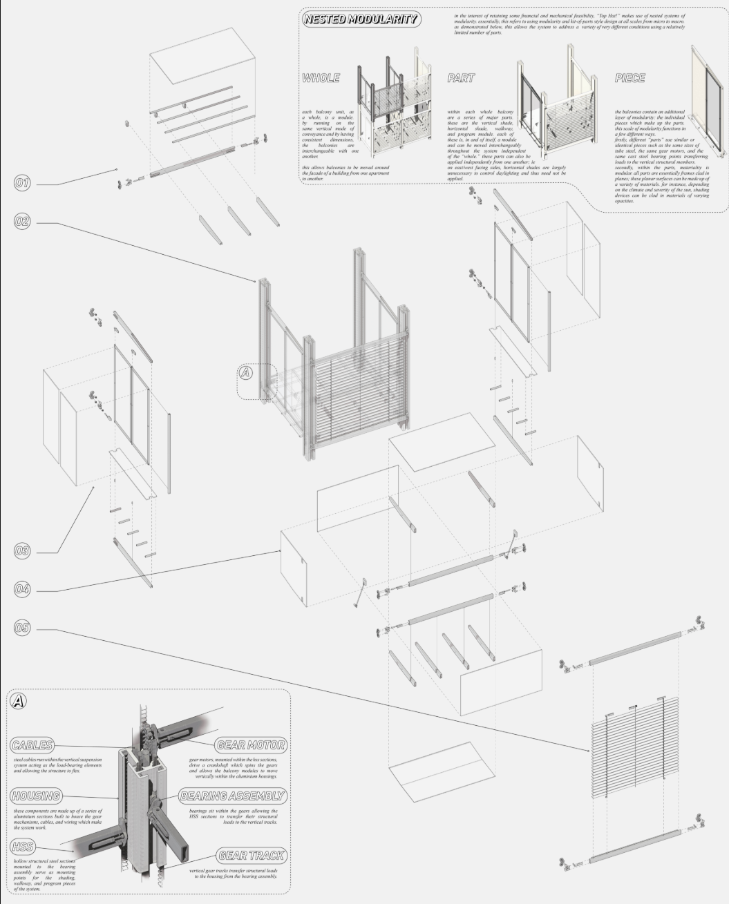 Exploded axonometric diagram illustrating modular wall panel assembly sequence with numbered components and joinery details