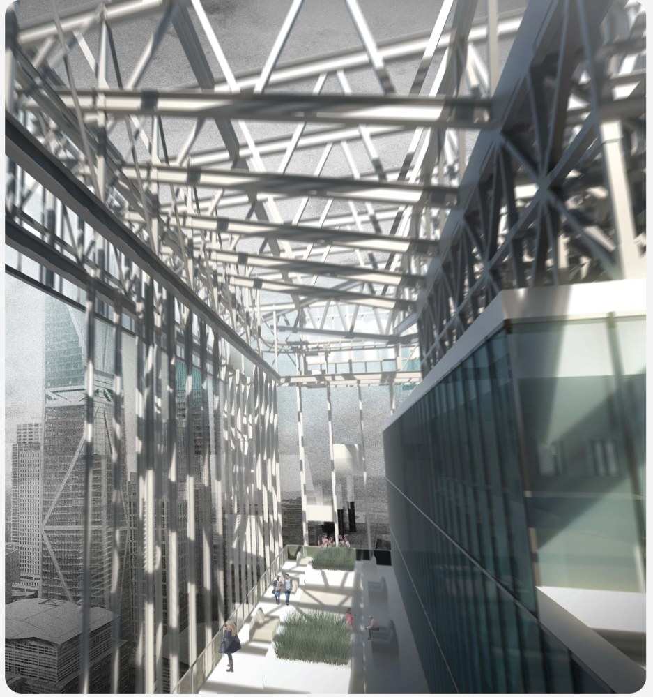Interior view along corridor between translucent panel walls under exposed steel truss roof with sunlight filtering through